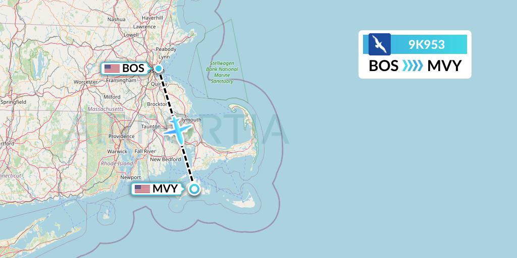 9K953 Cape Air Flight Map: Boston to Martha's Vineyard