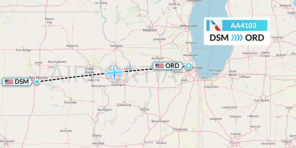 AA4103 American Airlines Flight Map: Des Moines to Chicago