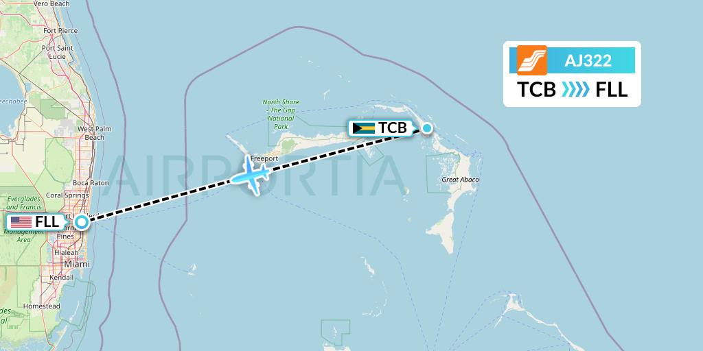 AJ322 Aztec Airways Flight Map: Treasure Cay to Fort Lauderdale