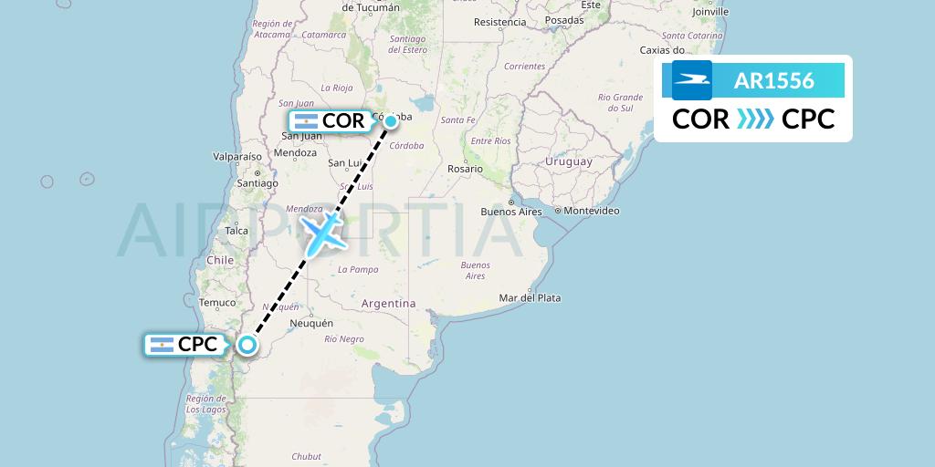 AR1556 Aerolineas Argentinas Flight Map: Cordoba to San Martin de los Andes