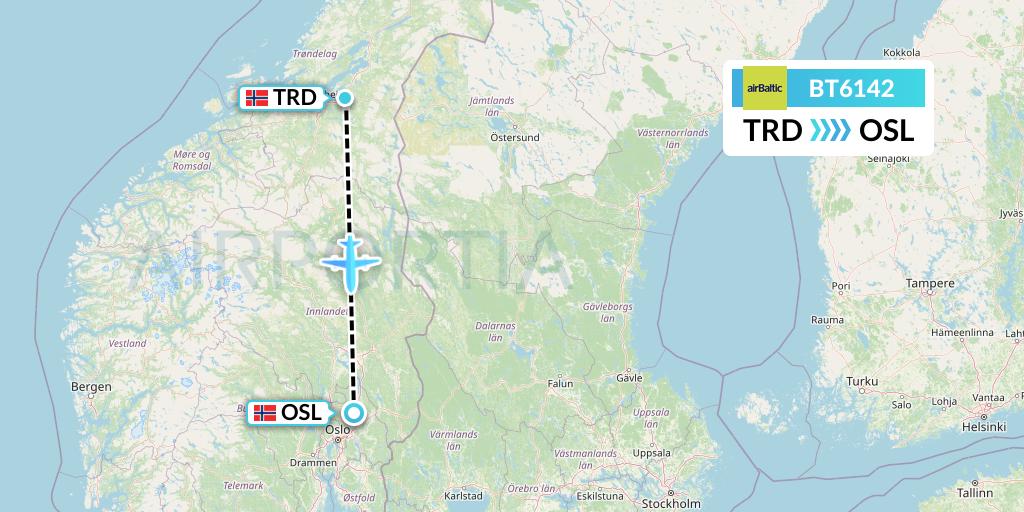 BT6142 Air Baltic Flight Map: Trondheim to Oslo