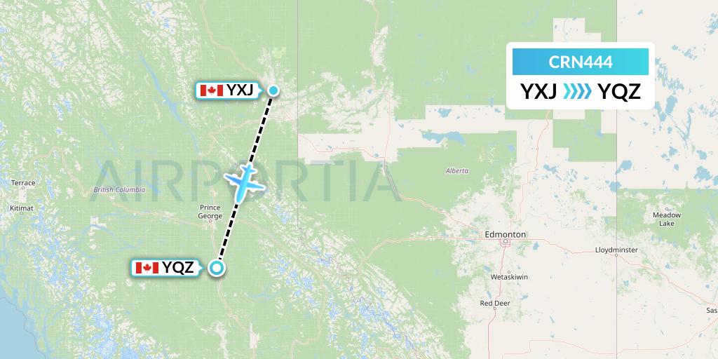 CRN444 Aerocaribbean Flight Map: Fort St. John to Quesnel