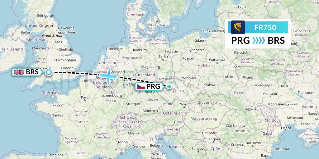 FR750 Ryanair Flight Map: Prague to Bristol