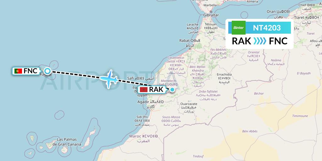 NT4203 Binter Canarias Flight Map: Marrakesh to Funchal