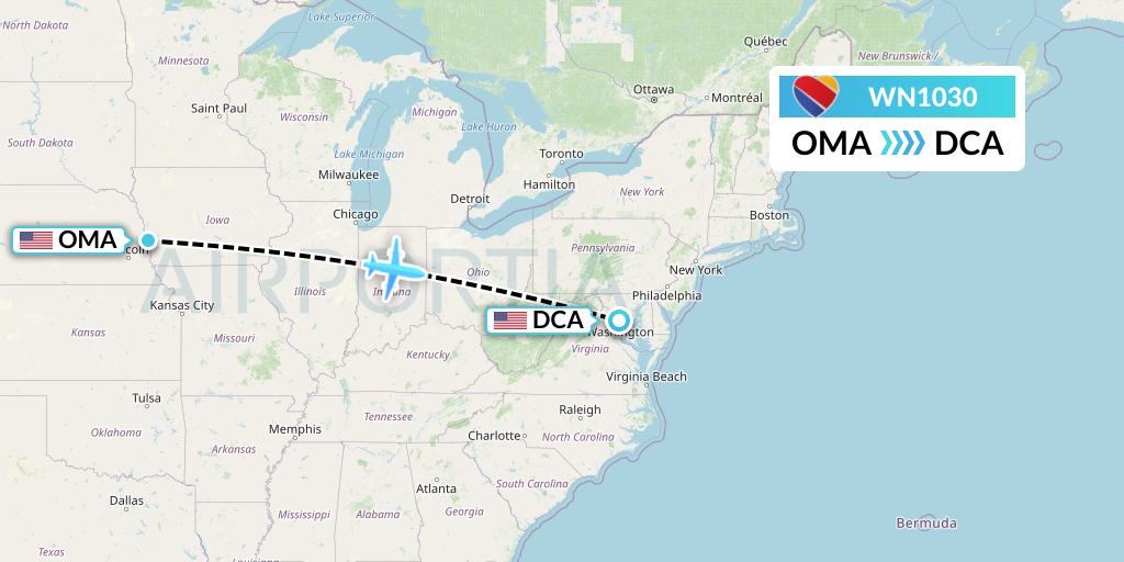 WN1030 Southwest Airlines Flight Map: Omaha to Washington