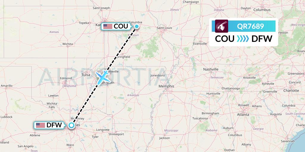 QR7689 Qatar Airways Flight Map: Columbia to Dallas