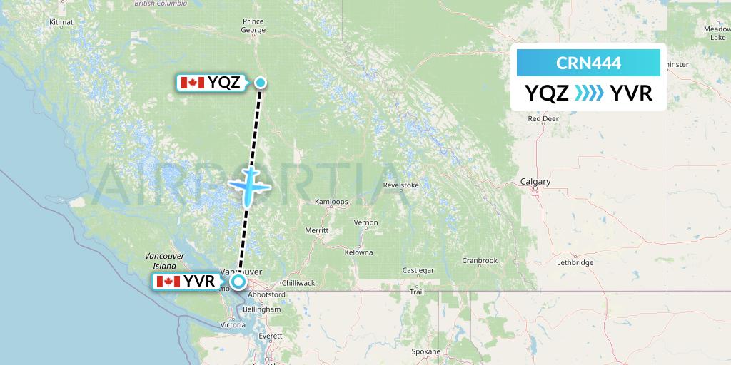 CRN444 Aerocaribbean Flight Map: Quesnel to Vancouver
