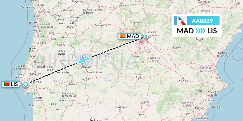 AA8829 American Airlines Flight Map: Madrid to Lisbon