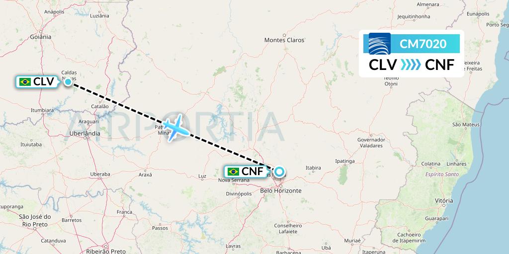 CM7020 Copa Airlines Flight Map: Caldas Novas to Belo Horizonte