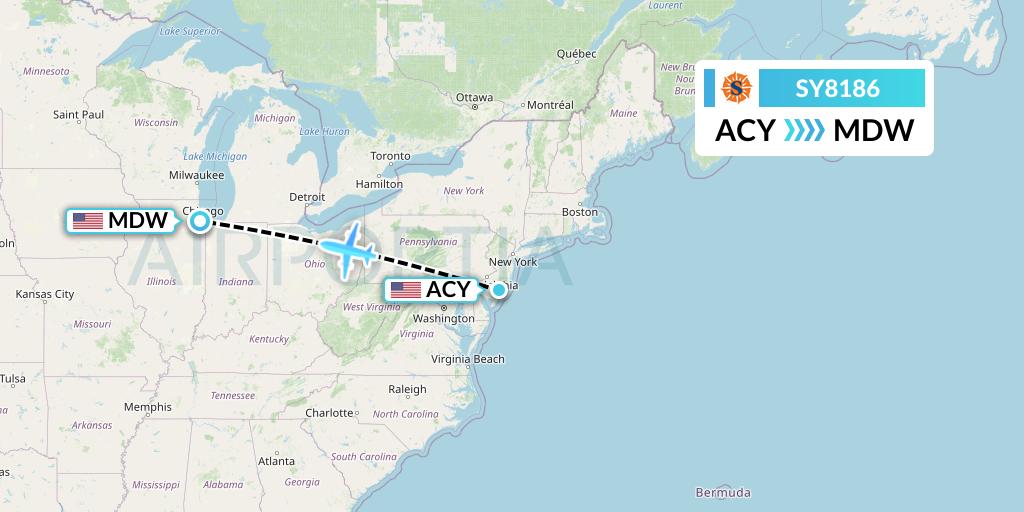SY8186 Sun Country Airlines Flight Map: Atlantic City to Chicago