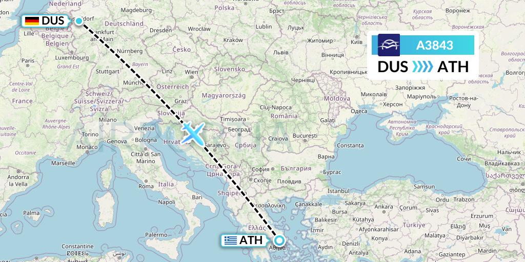 A3843 Aegean Airlines Flight Map: Dusseldorf to Athens