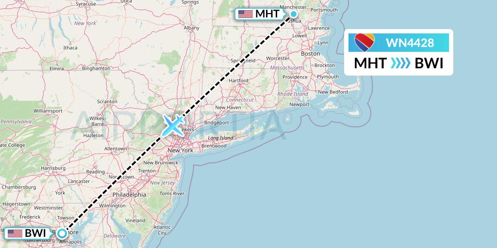 WN4428 Southwest Airlines Flight Map: Manchester to Baltimore