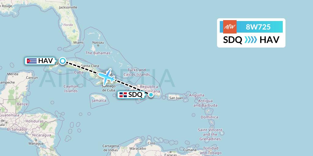 8W725 Fly AllWays Flight Map: Santo Domingo to Havana