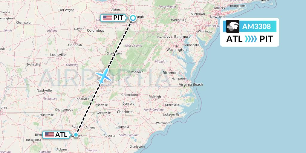 AM3308 Aeromexico Flight Map: Atlanta to Pittsburgh