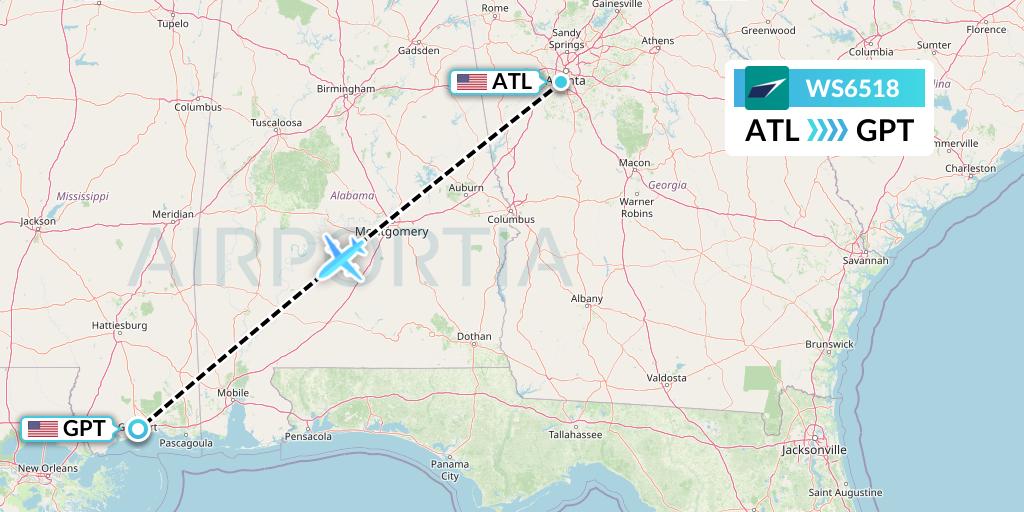 WS6518 WestJet Flight Map: Atlanta to Gulfport