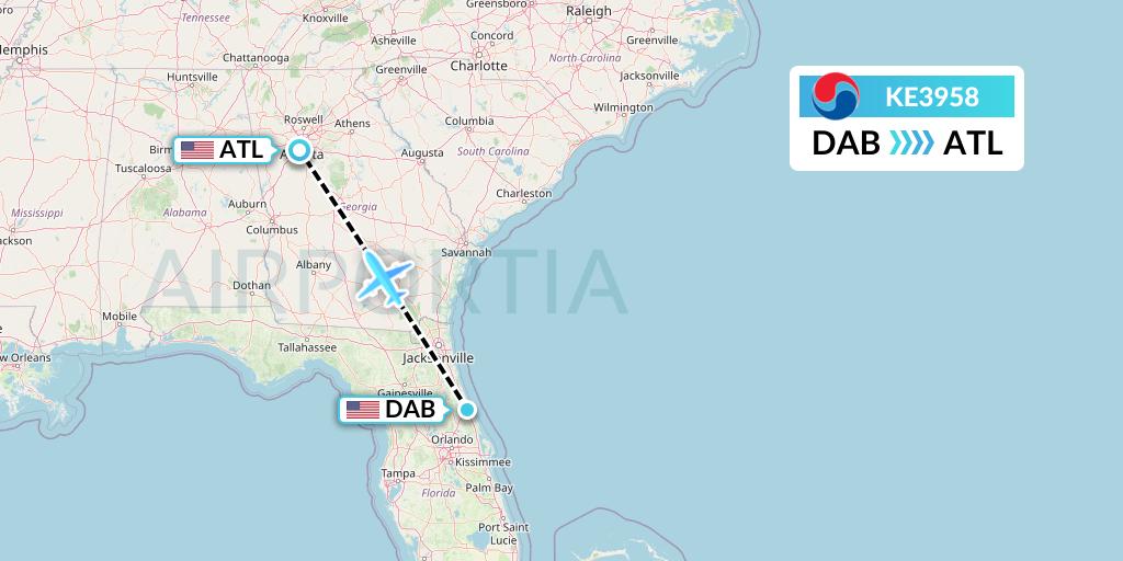 KE3958 Korean Air Flight Map: Daytona Beach to Atlanta
