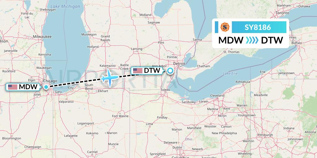 SY8186 Sun Country Airlines Flight Map: Chicago to Detroit