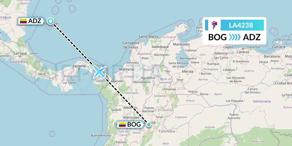 LA4238 LAN Airlines Flight Map: Bogota to San Andres Island