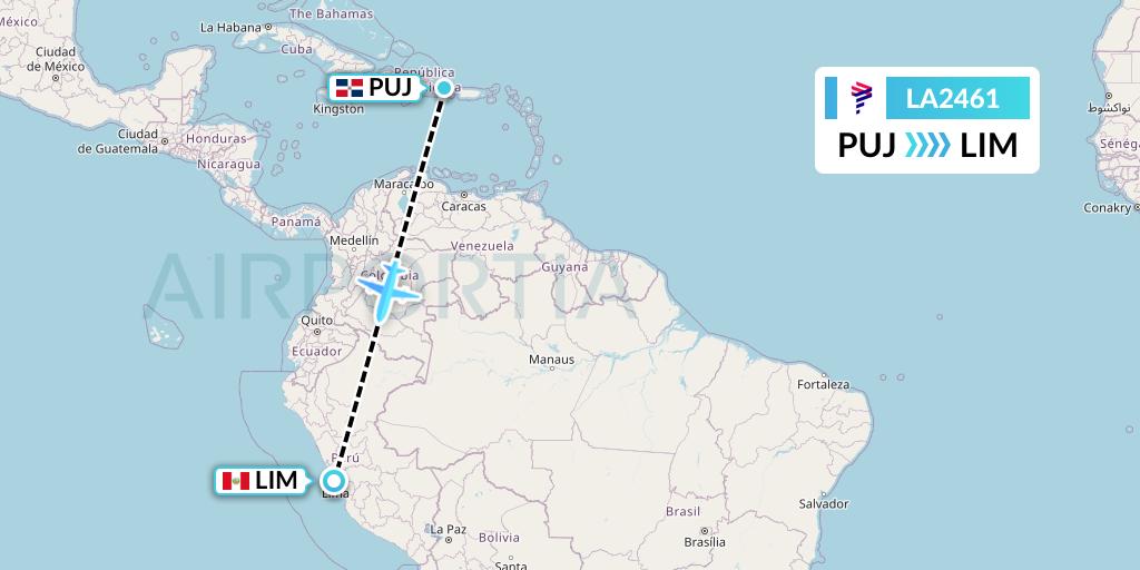LA2461 LAN Airlines Flight Map: Punta Cana to Lima