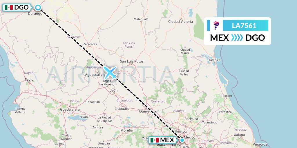 LA7561 LAN Airlines Flight Map: Mexico City to Durango