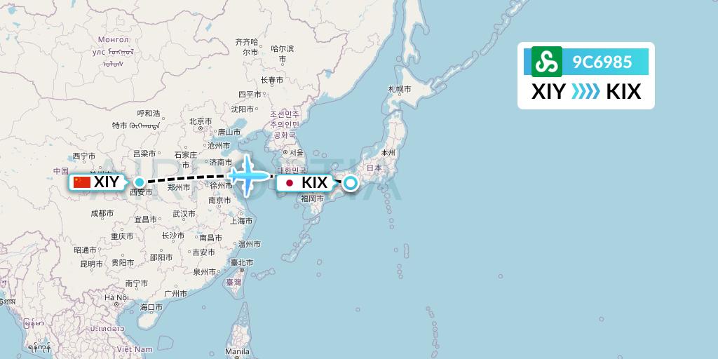 9C6985 Spring Airlines Flight Map: Xi'an to Osaka