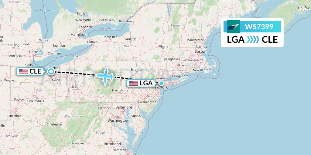 WS7399 WestJet Flight Map: New York to Cleveland