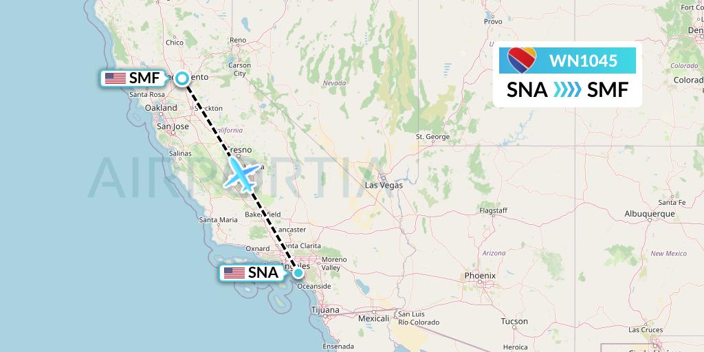 WN1045 Southwest Airlines Flight Map: Orange County to Sacramento