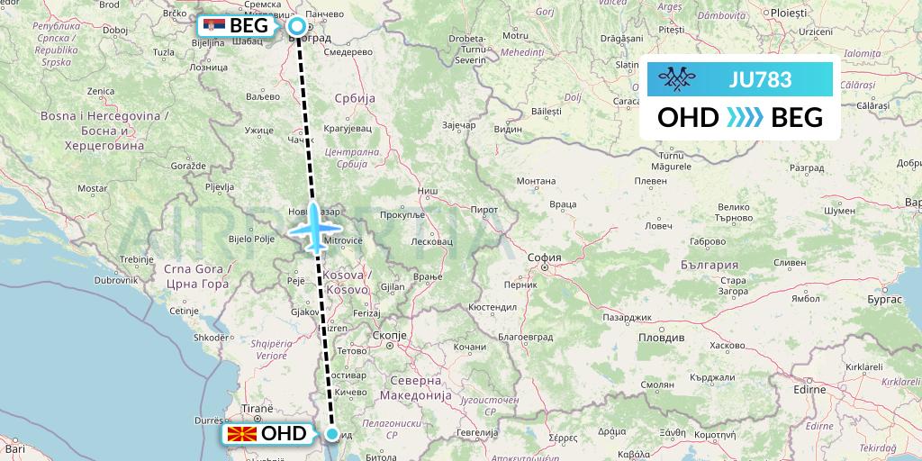 JU783 AirSERBIA Flight Map: Ohrid to Belgrade