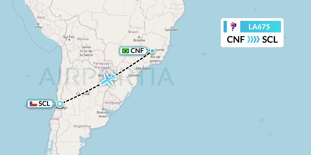 LA675 LAN Airlines Flight Map: Belo Horizonte to Santiago