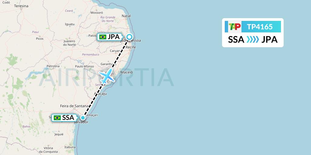 TP4165 TAP Portugal Flight Map: Salvador to Joao Pessoa