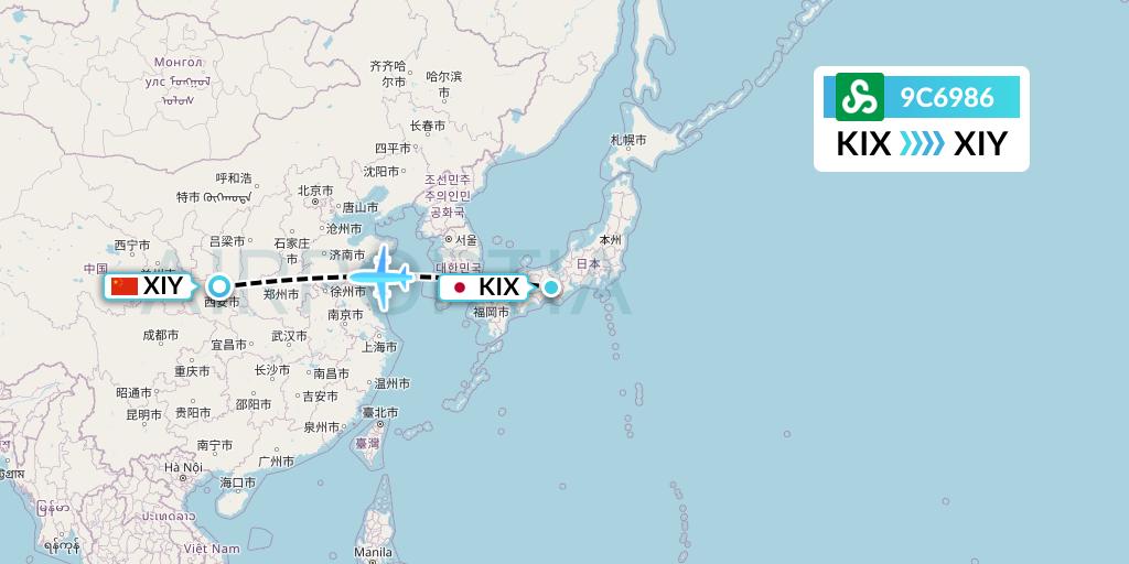 9C6986 Spring Airlines Flight Map: Osaka to Xi'an
