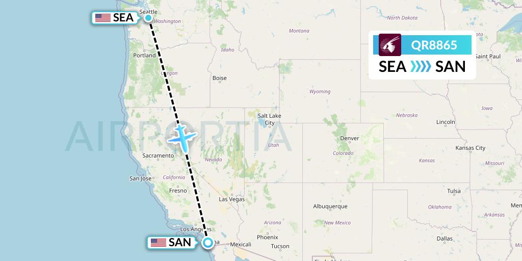 QR8865 Qatar Airways Flight Map: Seattle to San Diego