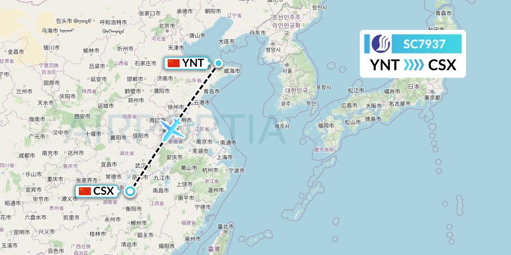 SC7937 Shandong Airlines Flight Map: Yantai to Changsha