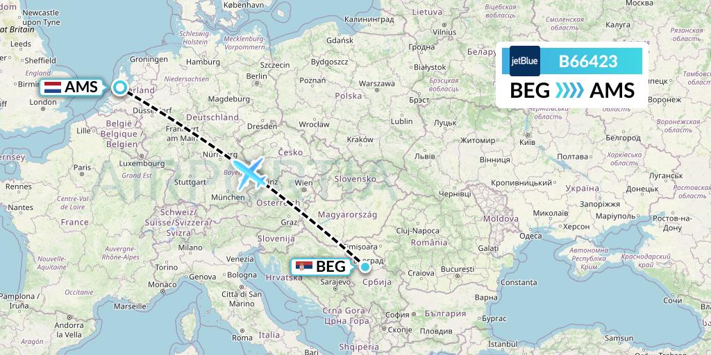 B66423 JetBlue Airways Flight Map: Belgrade to Amsterdam