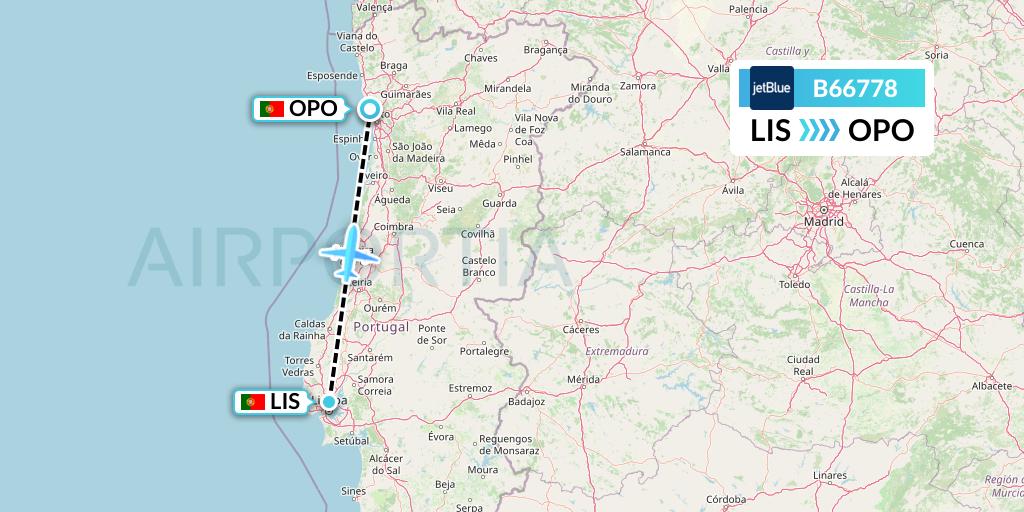 B66778 JetBlue Airways Flight Map: Lisbon to Porto