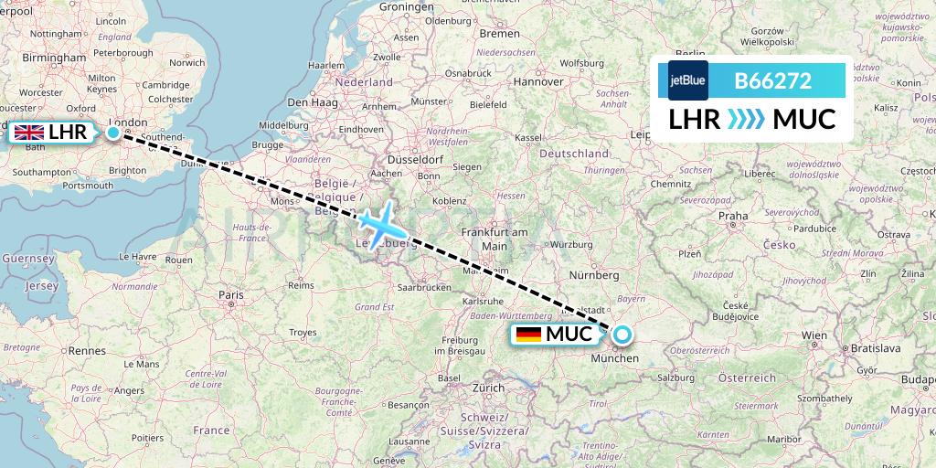 B66272 JetBlue Airways Flight Map: London to Munich