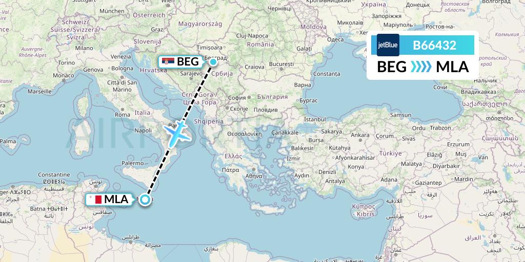 B66432 JetBlue Airways Flight Map: Belgrade to Malta