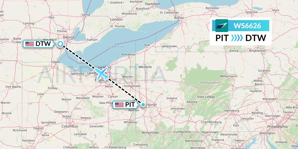 WS6626 WestJet Flight Map: Pittsburgh to Detroit