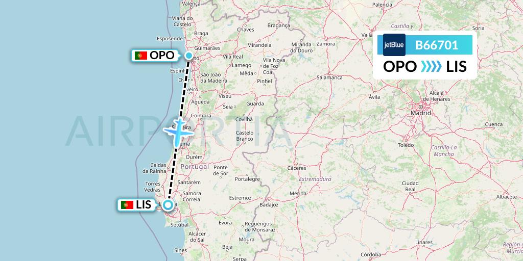 B66701 JetBlue Airways Flight Map: Porto to Lisbon