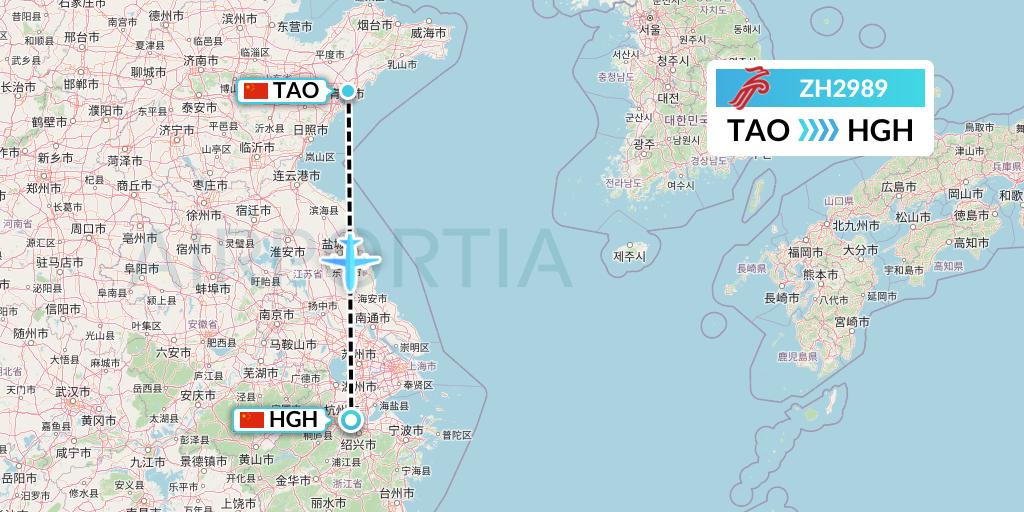 ZH2989 Shenzhen Airlines Flight Map: Qingdao to Hangzhou