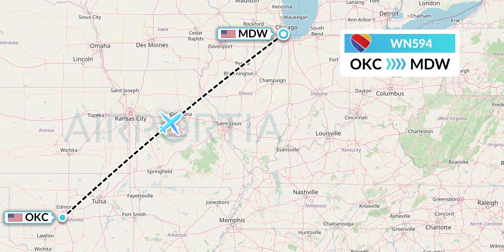 WN594 Southwest Airlines Flight Map: Oklahoma City to Chicago
