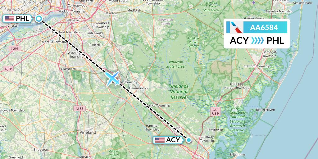 AA6584 American Airlines Flight Map: Atlantic City to Philadelphia