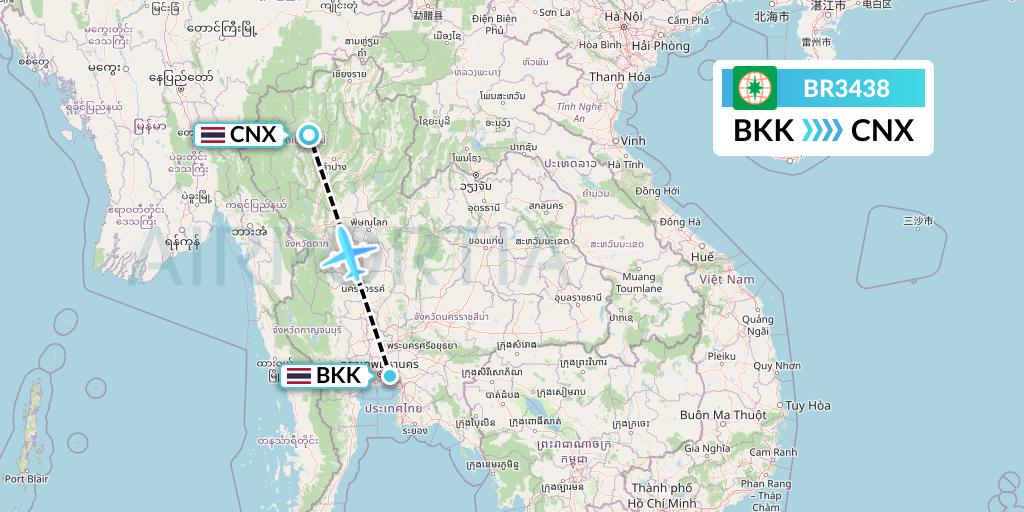 BR3438 EVA Air Flight Map: Bangkok to Chiang Mai