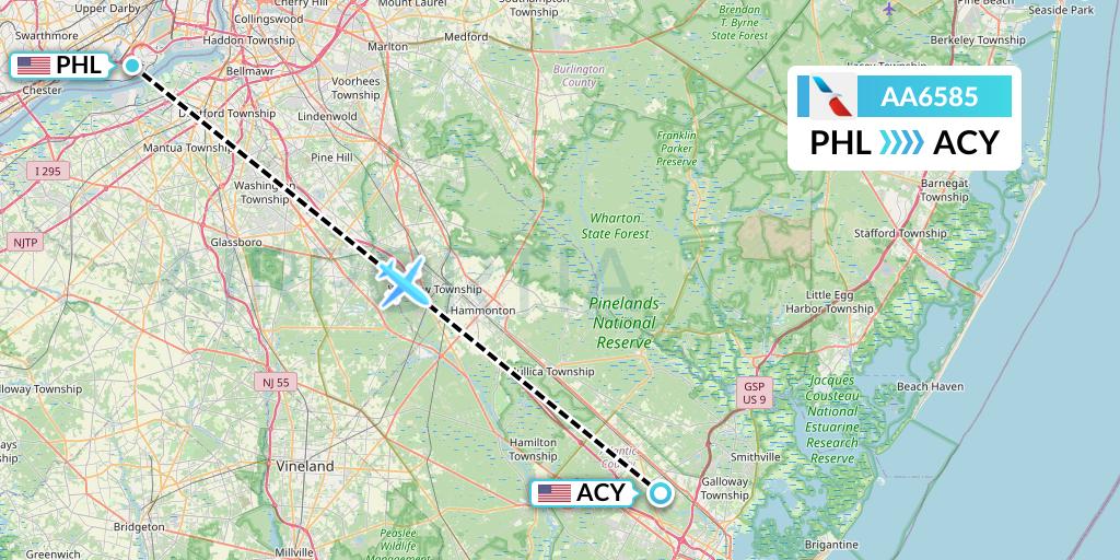 AA6585 American Airlines Flight Map: Philadelphia to Atlantic City