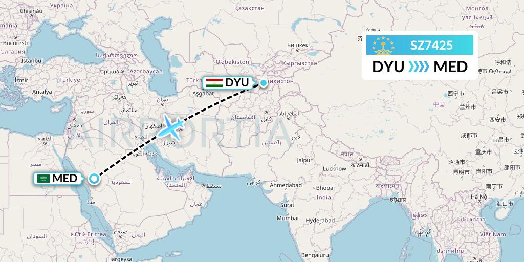 SZ7425 Somon Air Flight Map: Dushanbe to Medina