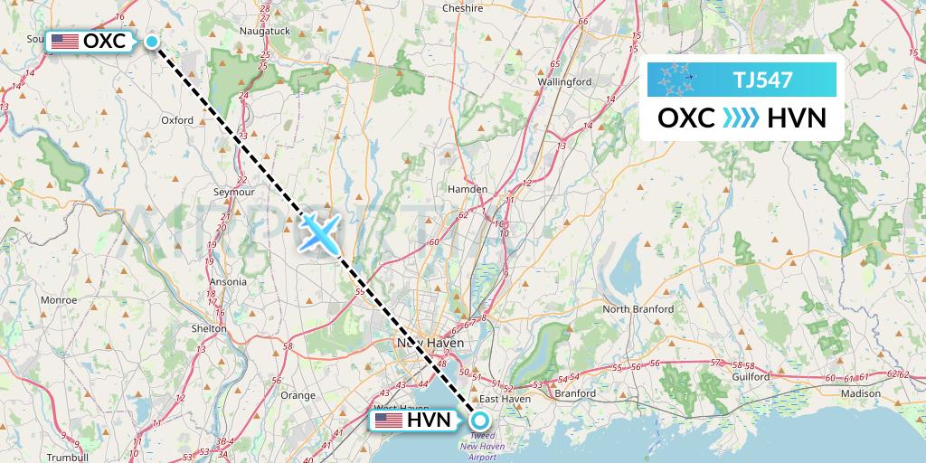 TJ547 Tradewind Aviation Flight Map: Oxford to New Haven