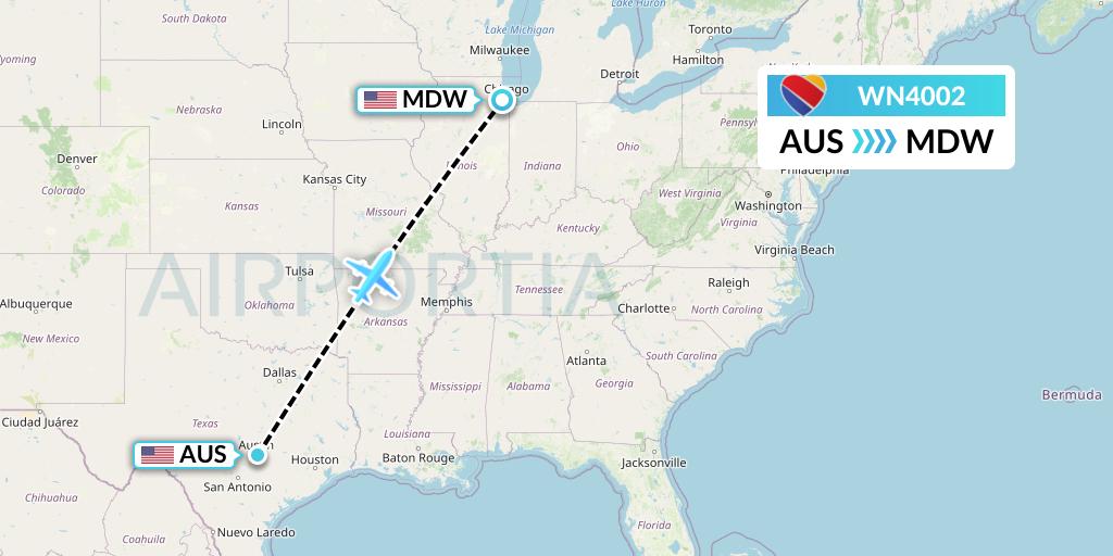 WN4002 Southwest Airlines Flight Map: Austin to Chicago