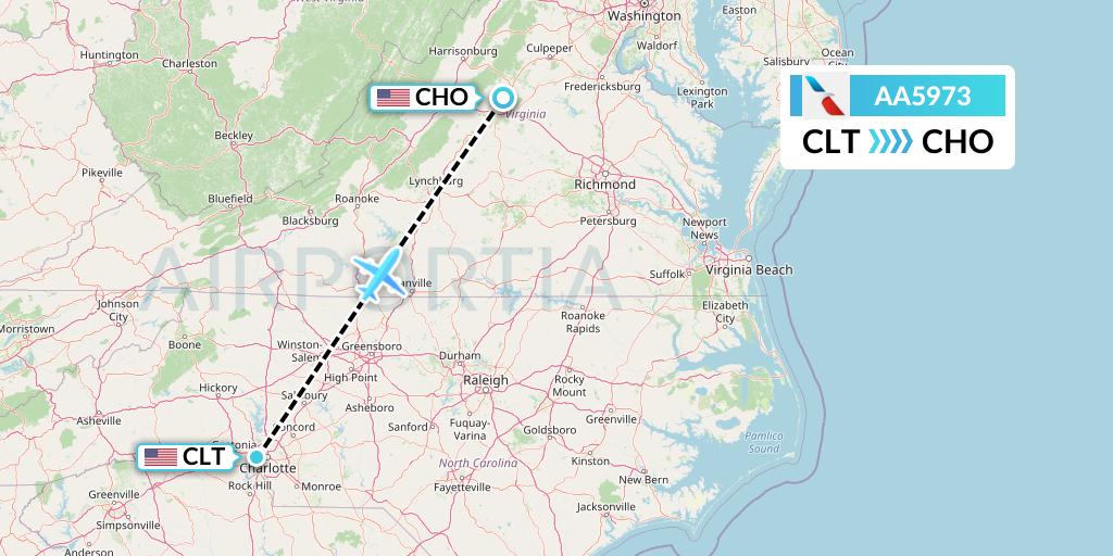 AA5973 American Airlines Flight Map: Charlotte to Charlottesville