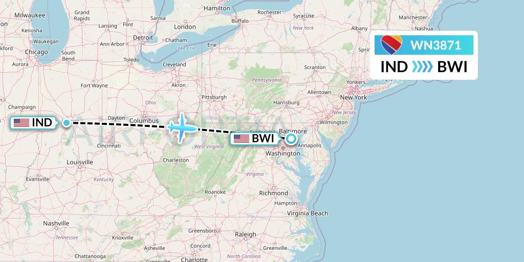 WN3871 Southwest Airlines Flight Map: Indianapolis to Baltimore