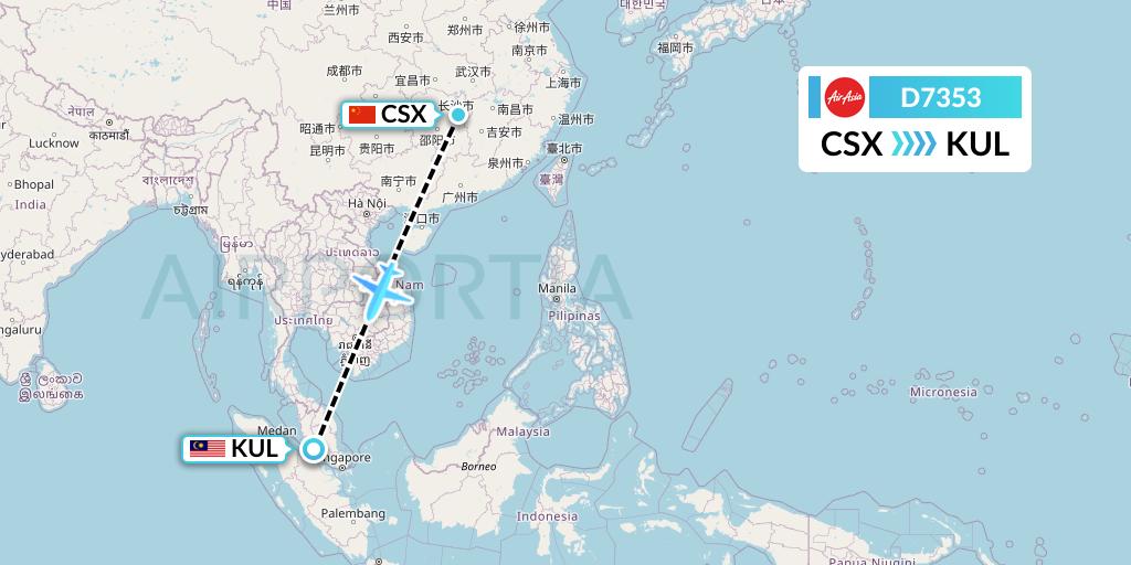 D7353 AirAsia X Flight Map: Changsha to Kuala Lumpur
